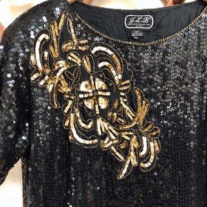 Vintage 80s 90s Silk Sequin Top Black Gold J.L.B.